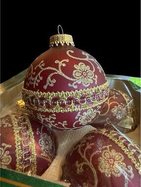 Christmas By Krebs VTG Burgundy Gold Nostalgia Ball Glass Ornaments 4 Boxes of 4